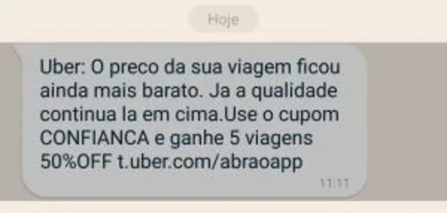 50% OFF em cinco corridas do UBER