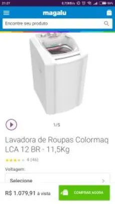 Lavadora de Roupas Colormaq LCA 12 BR - 11,5Kg por R$ 1080