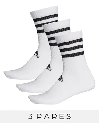 Kit Meia Cano Médio Unissex Adidas 3 Pares Listras Branco