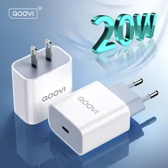 Carregador rápido 20W QOOVI USB C - Quick charge - Compatível com iPhone e Android -Branco