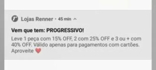 Desconto Progressivo Loja Renner (15 a 40% off)