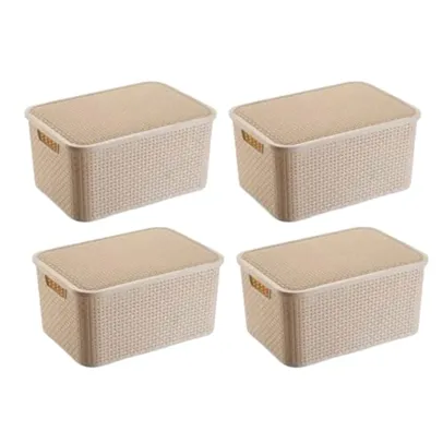 Kit Com 4 Caixas Organizadoras com tampa Rattan 3,5 Litros Decorativa Bege