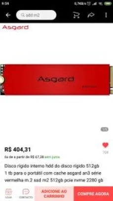 SSD M.2 NVME 512GB Asgard 3500 mb/s | R$400