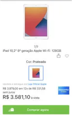 iPad 10,2" 8ª geração Apple Wi-Fi 128GB | R$3581