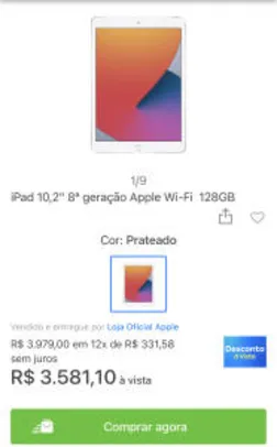 iPad 10,2" 8ª geração Apple Wi-Fi 128GB | R$3581