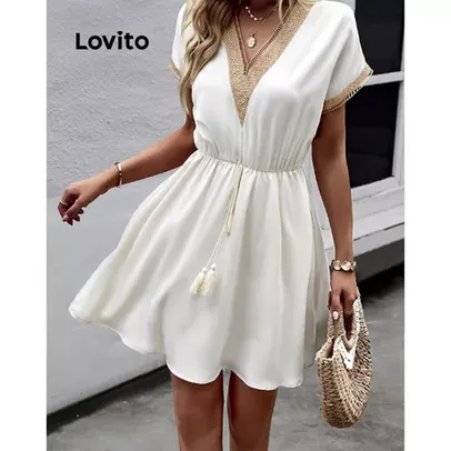 Lovito Vestido Casual Com Faixas Lisas Para Mulheres LNE31089 (Branco Preto)