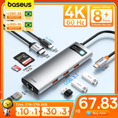 Hub USB C 3.0 4 in 1 com HDMI 4K 2 USB 100W PD | BASEUS