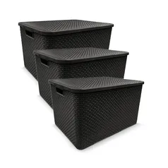 Kit 3 Caixas Organizadoras Rattan com Tampa 40L Preta Arqplast