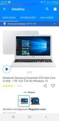 Notebook Samsung Essentials E30 Intel Core i3 4GB - 1TB 15,6” Full HD Windows 10 R$1.302