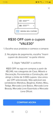 R$ 30 de desconto acima de R$ 249 no Mercado Livre