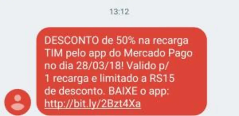 Hoje 28/03 o app Mercado Pago vai dar até R$15 OFF em recargas TIM