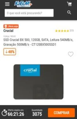 SSD Crucial BX 500, 120GB, SATA, Leitura 540MB/s, Gravação 500MB/s | R$140