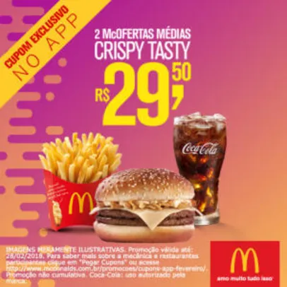 2 McOfertas médias Crispy Tasty no McDonald's - R$29,50