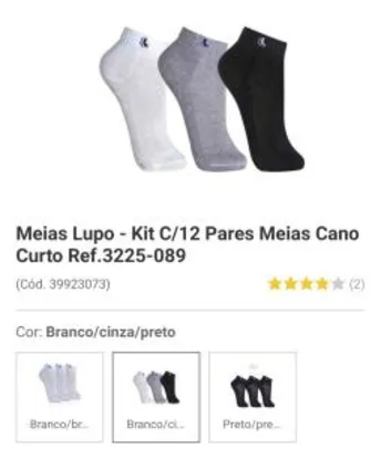 Kit c/ 12 pares de Meias Masculina Lupo Cano Curto - R$62