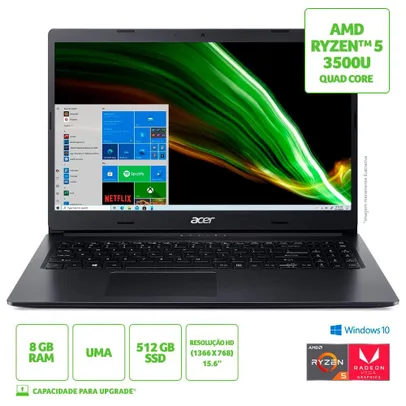 Notebook Acer amd Ryzen 5-3500U 8GB 512GB ssd Tela 15.6 Windows 10 Aspire 3 A315-23-R6HC