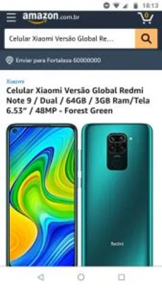 Xiaomi Redmi Note 9 64GB 3GB Ram 6.53” 48MP - R$1.549