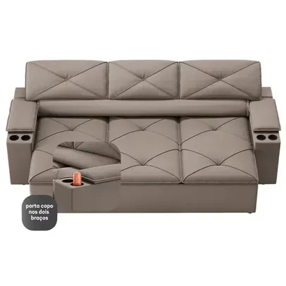 Sofá 3 lugares DDS Next Pop com Assento Retrátil e Encosto Reclinável em Velosuede com porta-copos - 205 cm de largura