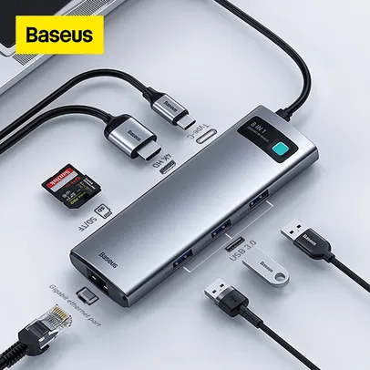 Adaptador Baseus 8 em 1 (Carregamento 100w - USB C - HDMI 4k - SD reader - Internet RJ45)