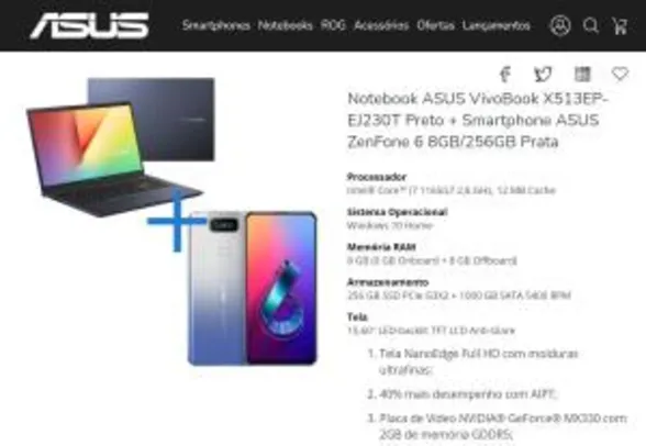 Notebook ASUS VivoBook X513EP-EJ230T + Smartphone ASUS ZenFone 6 8GB/256GB | R$6119