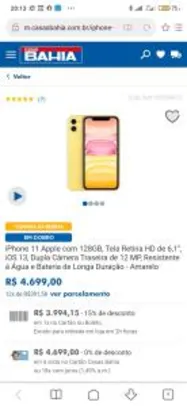 iPhone 11 Apple 128GB Cor Amarela | R$3994