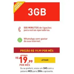 [DDDs selecionados] Prézão da Claro 30 Dias 3GB + Ligações Ilimitadas - R$20