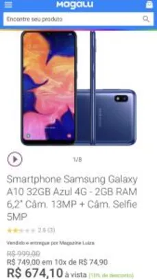 Samsung Galaxy A10 32GB Azul 4G - R$674