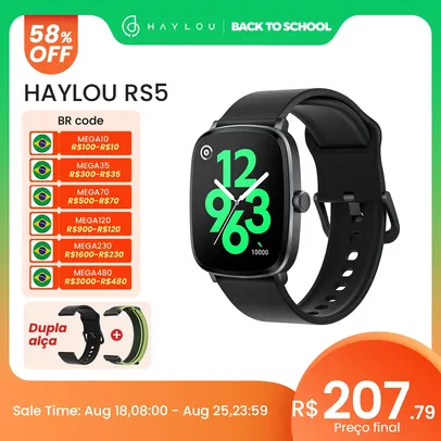 Smartwatch HAYLOU RS5 com Tela AMOLED de 2,01", a Prova D'Água, Ligações por Bluetooth e com Pulseira Extra