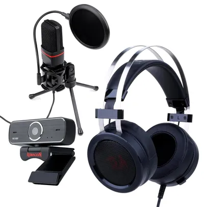 Kit Streamer Headset Gamer Redragon Scylla H901 + Microfone Streamer Gamer Redragon GM100 + Webcam Redragon Streaming Hitman, Full HD