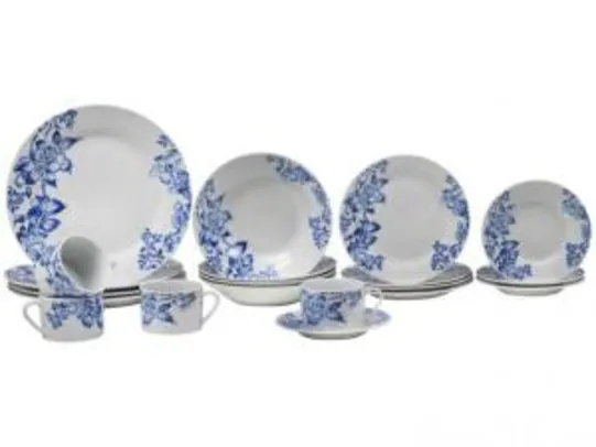 Aparelho de Jantar 20 Peças Evolux Porcelana - Redondo Branco Inova Floral Azul por R$ 152