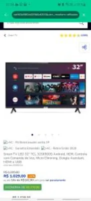 Smart TV LED 32" TCL Android TV parcelada em 10x