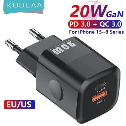 [Taxa inclusa] Carregador KUULAA 20W GaN com duas saídas, USB C e USB - QC 3.0, PD 3.0