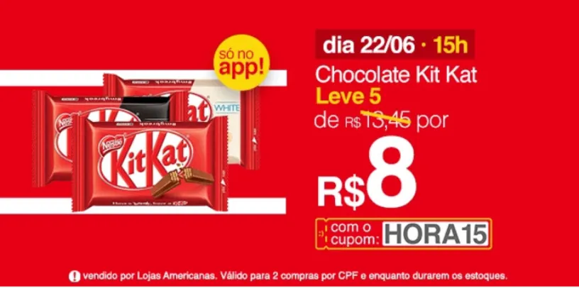 [APP] 5 unid | Chocolate Kit Kat ao Leite Nestlé 41,5g | R$8 | Pelando