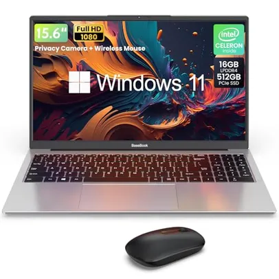 Laptop  Windows 11, Intel Celeron N5095, 16 GB RAM e 512 GB SSD, 15,6FHD 1080P IPS,  Cam Shelter, prata