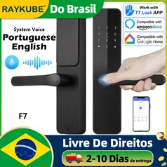 [BR] Fechadura Eletrônica Inteligente Raykube F7 Tuya com Desbloqueio Biométrico de Impressão Digital, Cartão Ic, Senha, App e Chave 