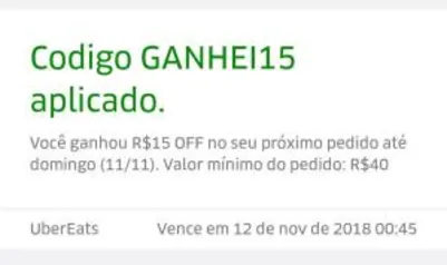 [UberEats]  R$15 OFF em um pedido acima de R$40