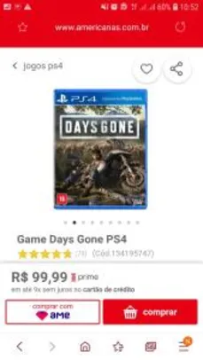 [APP + Primeira compra] Game Days Gone PS4 R$ 70