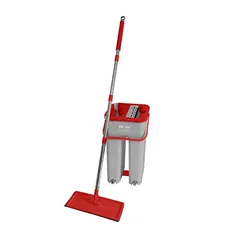 Balde MOP WAP Multiuso Duplo Compacto Lava e Seca 8 Litros Flat com Refil de Microfibra, Cinza com Vermelho