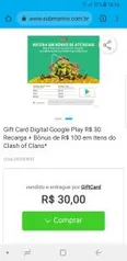 [Primeira Compra] Gift Card R$30 Recarga + Bônus de R$100 em itens do Clash of Clans R$20