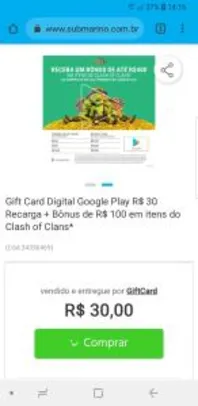 [Primeira Compra] Gift Card R$30 Recarga + Bônus de R$100 em itens do Clash of Clans R$20