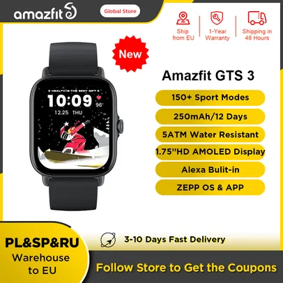 New Amazfit GTS 3 GTS3 GTS 3 Smartwatch 5 ATM Waterproof Alexa Built in GPS