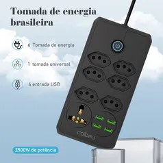 [R$30 "MOEDAS"/BR] Extensão de Energia Multitap para Casa, 6 Tomadas, 4 Portas USB, Cabo de Alimentação 2m, Tomada Universal