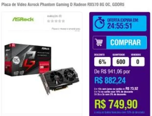 Placa de Video RX570 8G OC Asrock Phantom Gaming