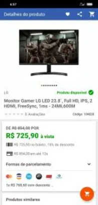 Monitor Gamer LG LED 23.8´, Full HD, IPS, 2 HDMI, FreeSync, 1ms - 24ML600M - R$600