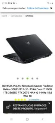 Notebook Gamer Predator Helios 300 Core i7 16GB 1TB 256SSD RTX 2070 MAX-Q 144Hz | R$8639