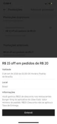 (USUÁRIOS SELECIONADOS) R$ 15 OFF NO BURGER KING NO APP UBEREATS