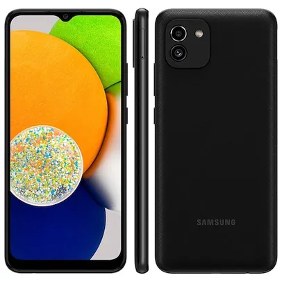 Smartphone Samsung Galaxy A03 Preto, 64GB, 4GB RAM, Tela Infinita de 6.5", Câmera Dupla Traseira, Ba