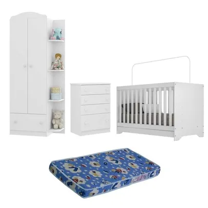 Quarto Infantil Completo João e Maria com berço 3 em 1 + colchão Multimóveis + Roupeiro e cômoda Bra