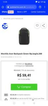 [MartketPlace] [1x cartão] Mochila Acer Backpack Green