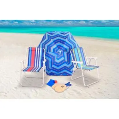 Kit Praia Guarda Sol 1,60M +2 Cadeiras + Frescobol Bel Lazer - Azul