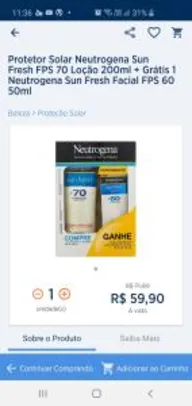 Protetor Solar Neutrogena Sun Fresh FPS 70 Loção 200ml + Grátis 1 Neutrogena Sun Fresh Facial FPS 60 50ml | R$60